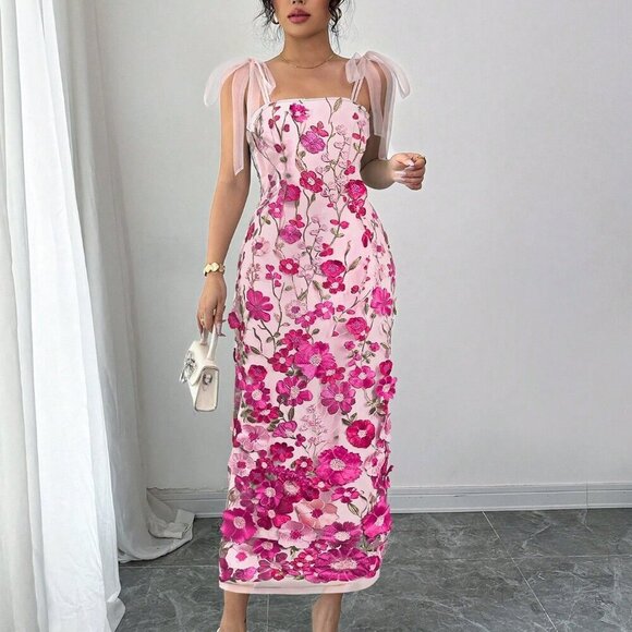 Hot Pink Elegant Women's Mesh 3d Flower print Strap tie Maxi Dress - Picture 3 of 4